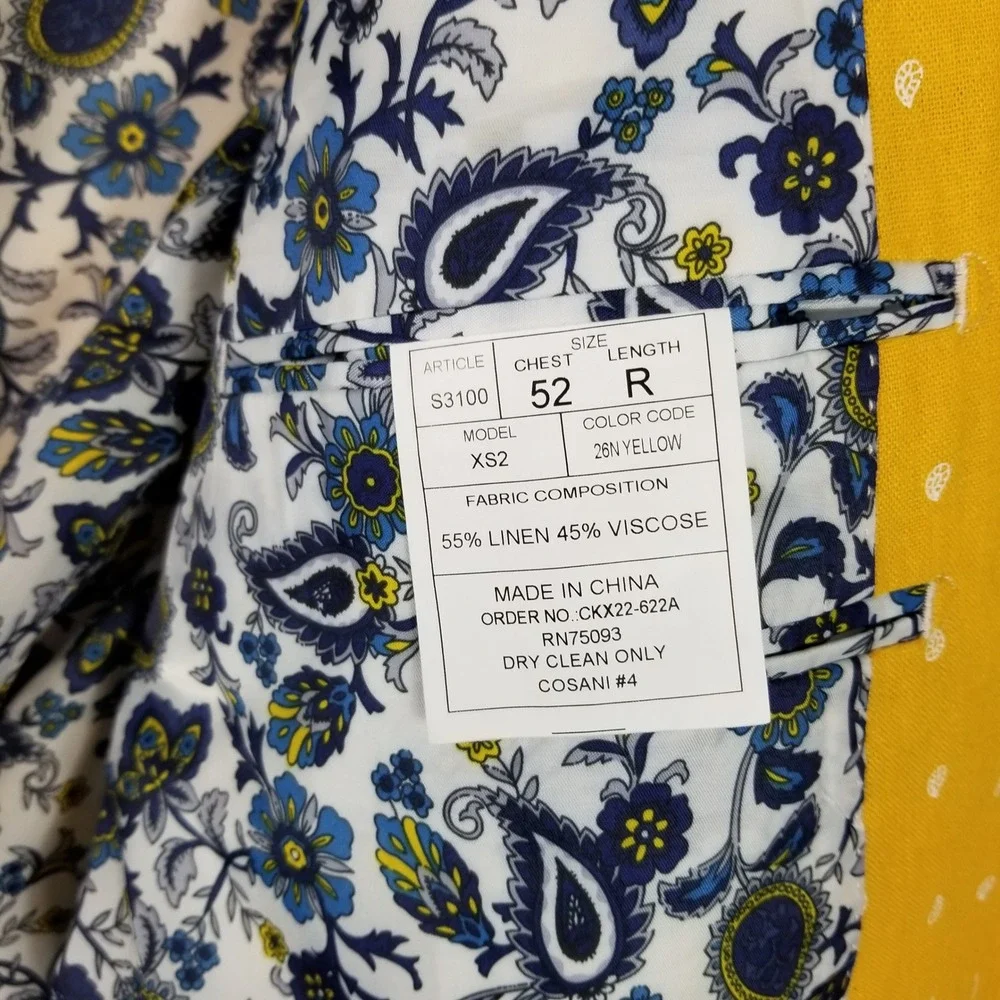 Linea Uomo Blazer Mens 52R Yellow Linen Blend Micro Teardrop Paisley Lined S3100